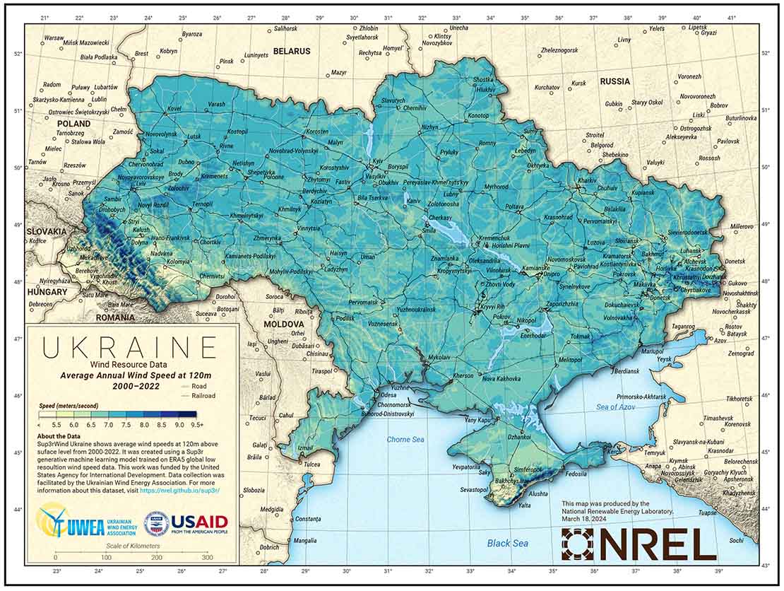Average annual wind speed at 120m for Ukraine, 2000-2022. Image by Billy Roberts, NREL Average annual wind speed at 120m for Ukraine, 2000-2022. Image by Billy Roberts, NREL